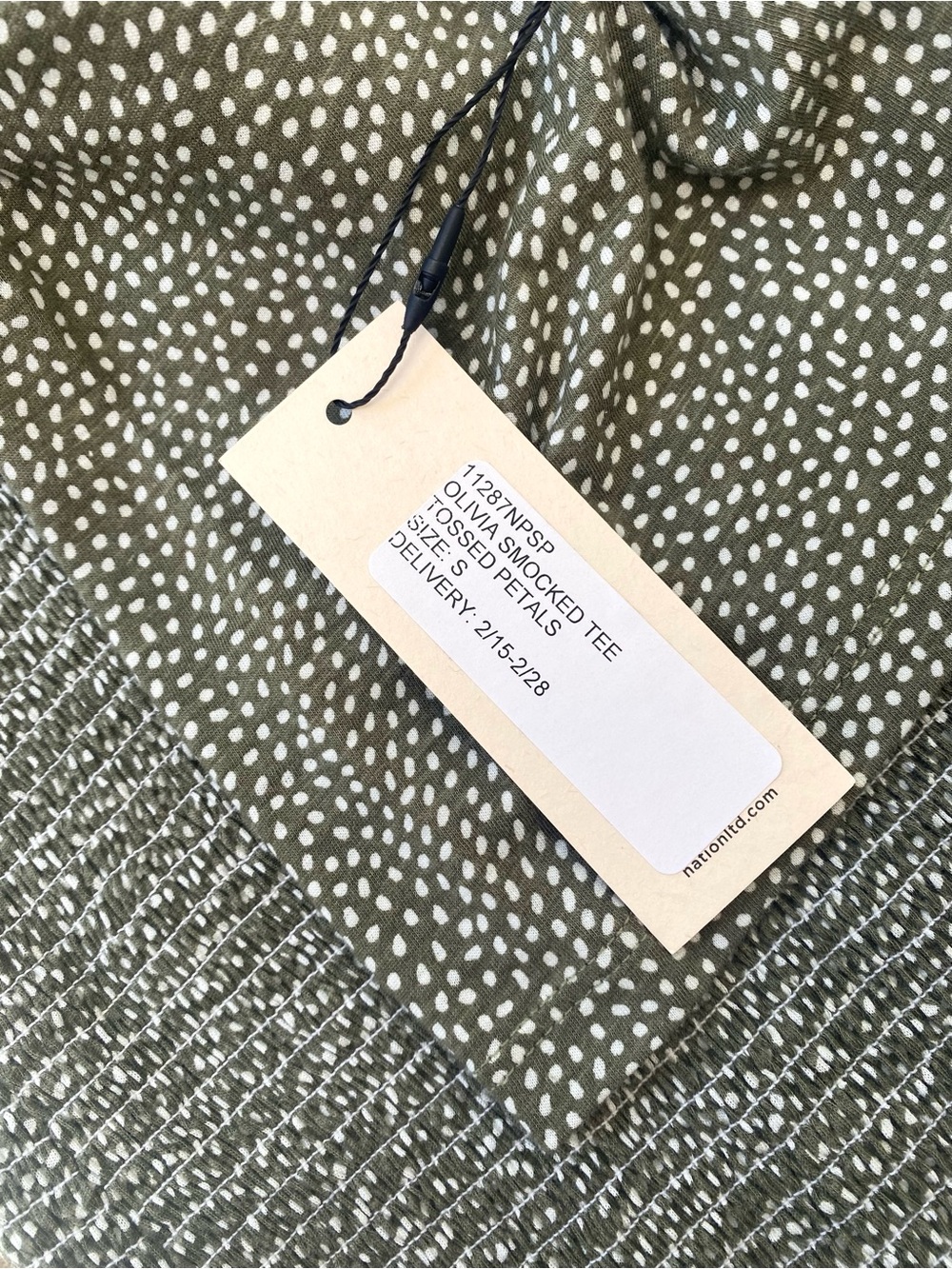 Nation LTD NWT Pima Cotton Olivia Smocked Tee in Olive Tossed Petals, S - Picture 10 of 11